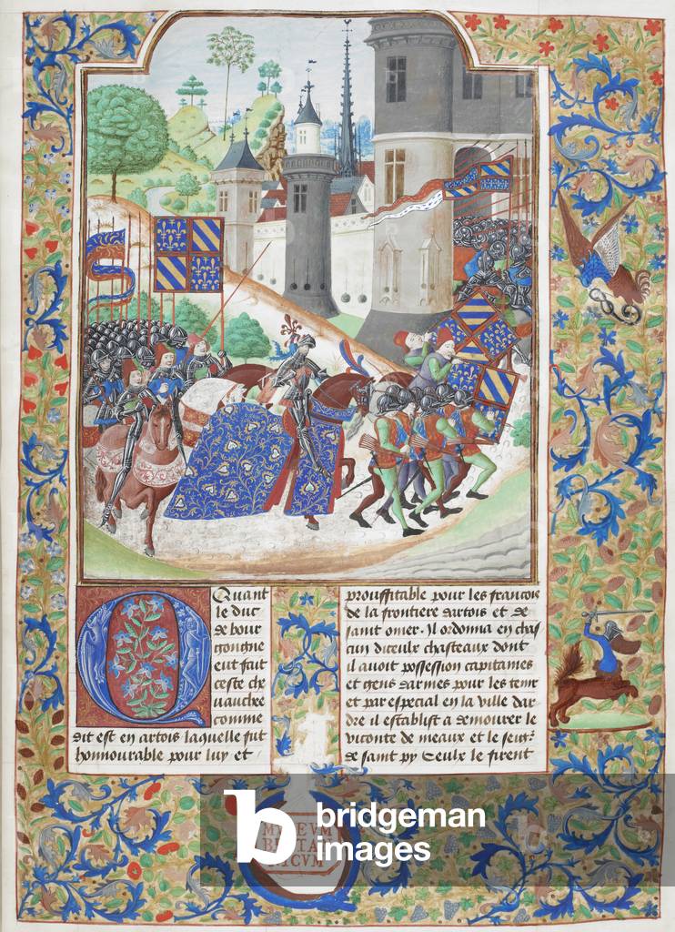 Il ritorno del duca di Borgogna, con un bordo pieno contenente le braccia delineate di William Hastings, e una