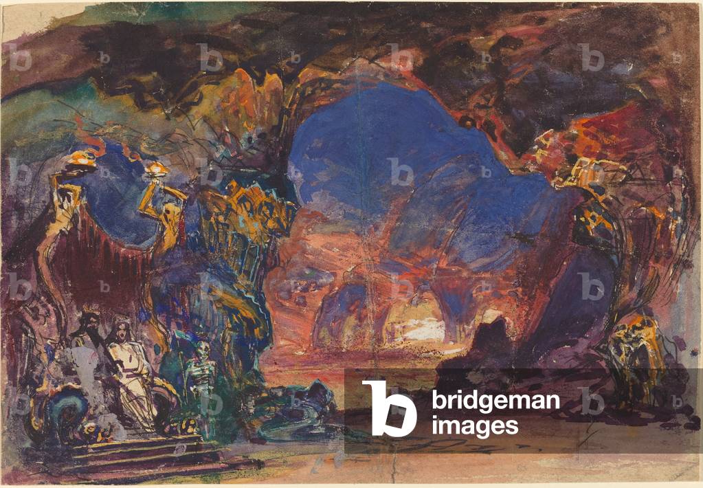 Immagine di Disegno "Scena sotterraneo con un uomo e donna in trono e morte guardia in piedi (w/c e guazzo con
