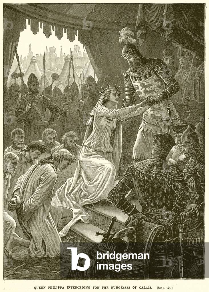 "Regina Filippa intercede per i Borghi di Calais (incisione)" di English School, b/w