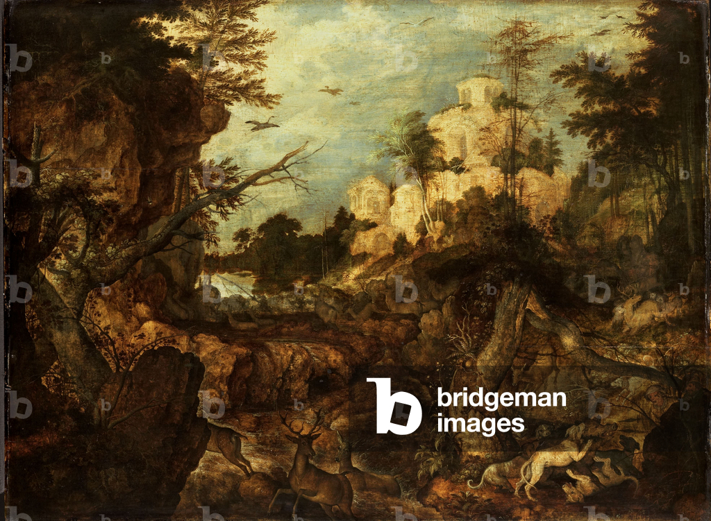 Image of Painting depicting Wild boar hunt in a rocky landscape 1620 by Roelandt Jacobsz. Savery