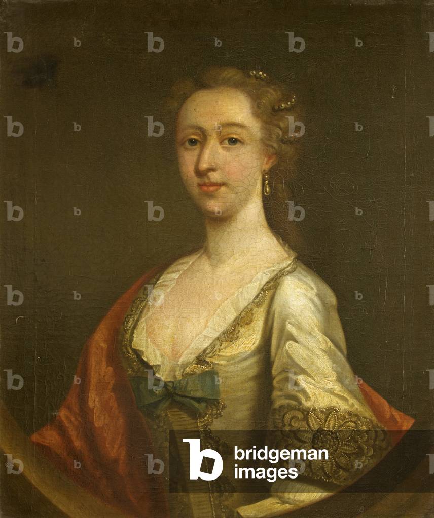 Immagine di Dipinto "Mary Blackmore in un abito di raso ricamato bianca e scialle rosso", 1747 di Inigo Hadley
