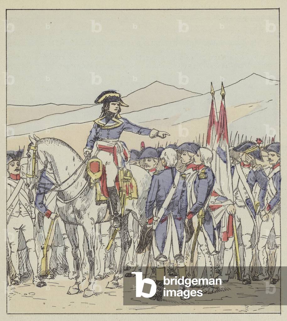 "Bonaparte reprimande le 85e et le 39e de la division Vaubois sur le plateau de Rivoli (Farbe litho)" von Loui