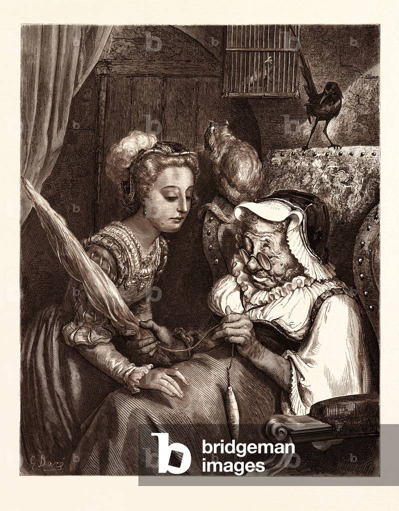 Bild von Gravur "The Princess and Fairy Spite" von Gustave Dore, b/w