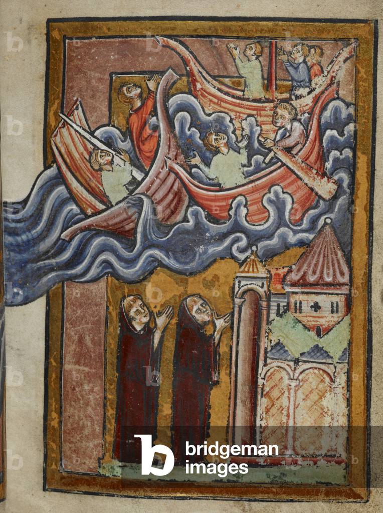 "Due monaci pregano nel monastero di Tynemouth e le loro preghiere salvano alcune navi al largo di Tynemouth."