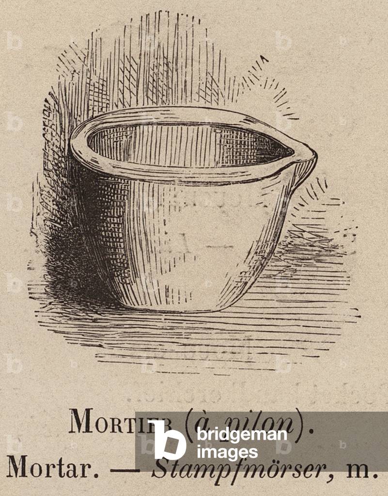 "Le Vocabulaire Illustre: Mortier (ein Pilon); Mörser; Stampfmorser (Gravur)" 1873 von European School