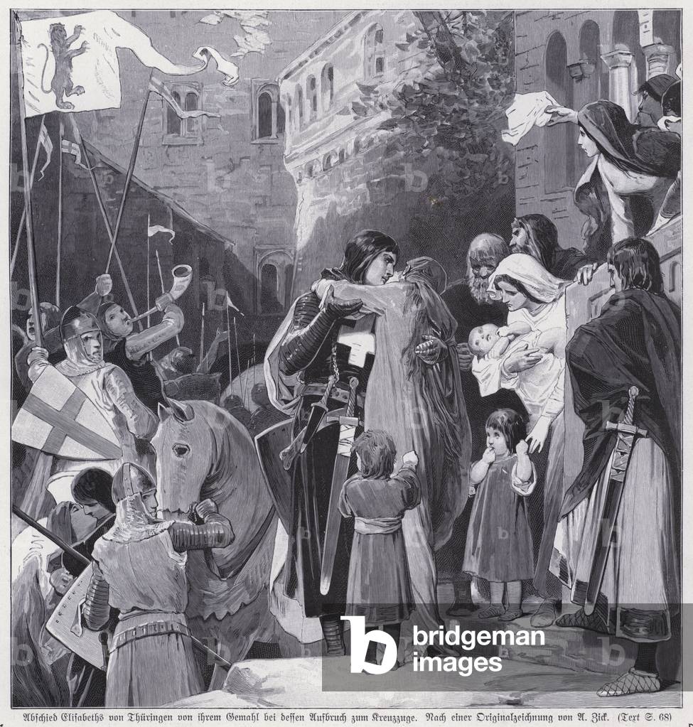 Elisabeth von Ungarn verabschiedet sich von ihrem Ehemann Ludwig IV., Landgraf von Thüringen, bei seiner Abrei