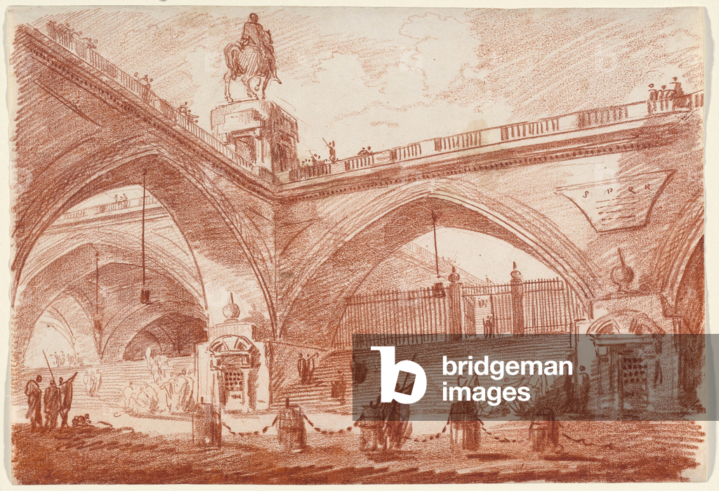 Image of Drawing depicting Architectural Fantasy with a Triumphal Bridge 1760 by Hubert Robert