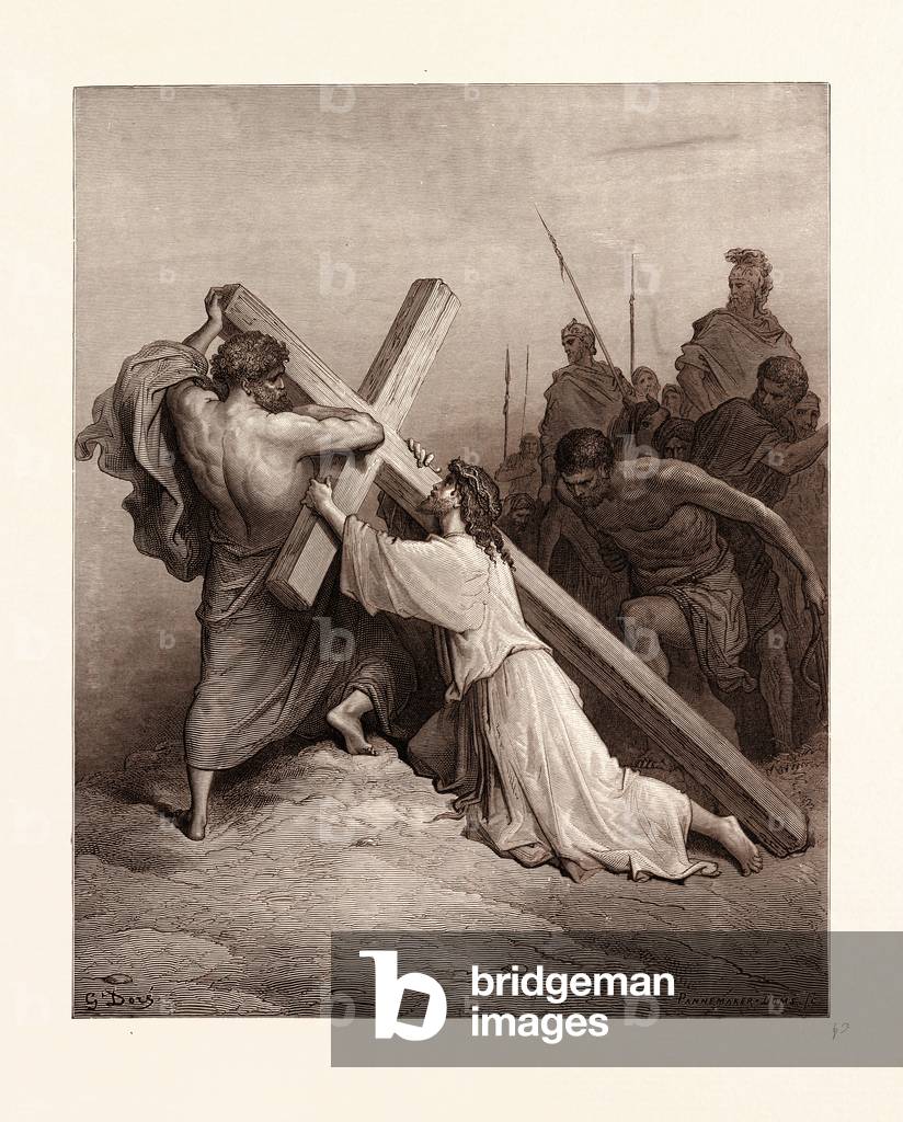 Bild von Gravur "Jesus fällt unter das Kreuz" von Gustave Dore, b/w