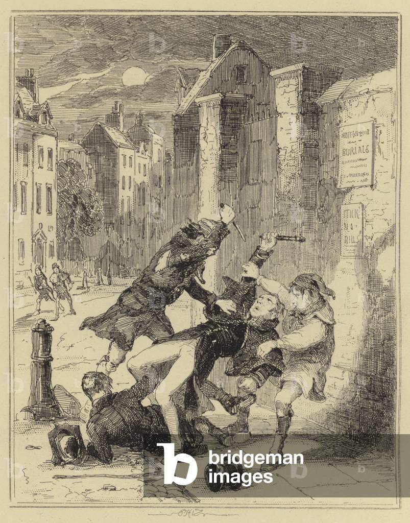 "Smith accoltellamento un poliziotto (incisione)" di Hablot Knight Browne, b/w