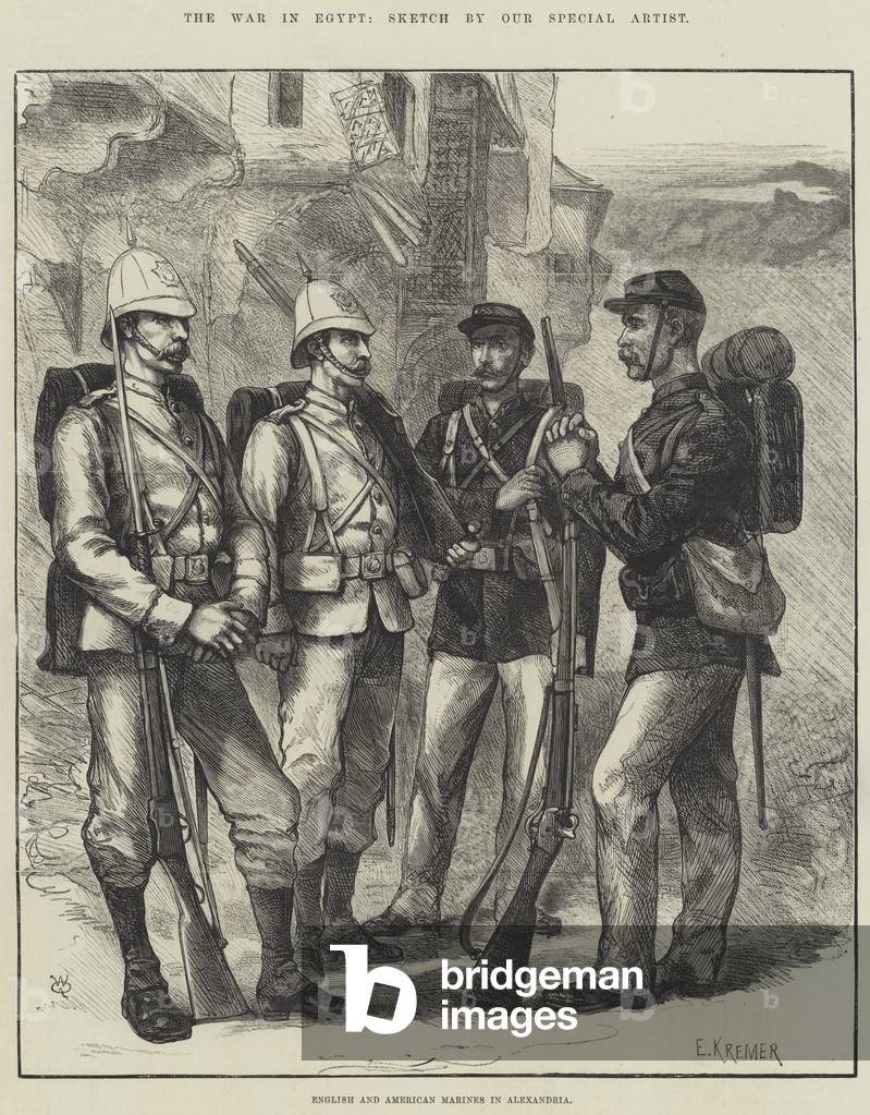 Der Krieg in Ägypten, englische und amerikanische Marines in Alexandria (Gravur)