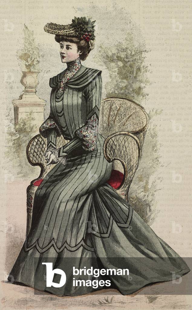 Image of Woman wearing a green etamine dress, creation by Mademoiselle  Louise