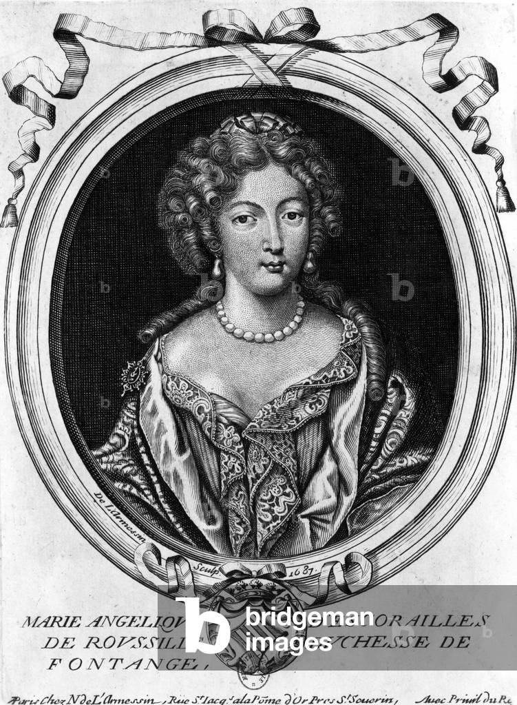 "Marie Angelique d'Escoraillles de Roussille (1661-1681) duchessa di Fontanges" 1687, b/w