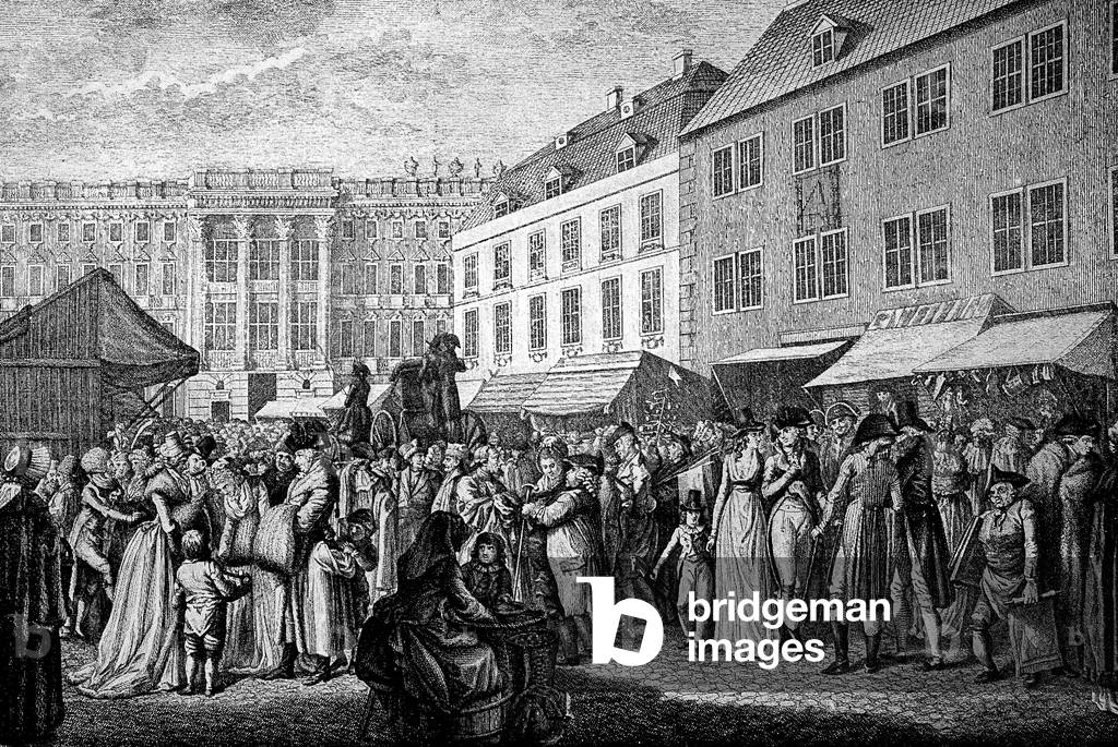 "Christmarkt nella piazza di fronte al Castello di Berlino alla fine del XVIII secolo" 1885, b/w