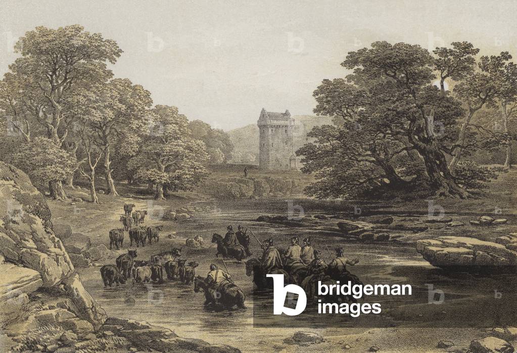 Gilnockie Tower (chromolitho) by George Cattermole, b/w