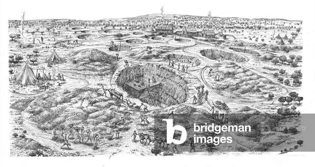 Image of Neolithic flint mining at Easton Down, Wiltshire (pen & ink by