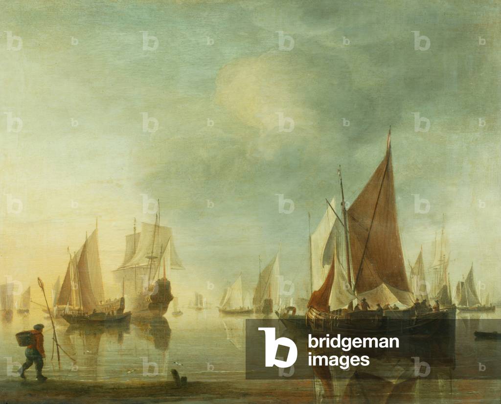 Immagine di Dipinto "Spedizione all'ancora al largo in un mare calmo; luce serale" 1650 di Hendrick Dubbels