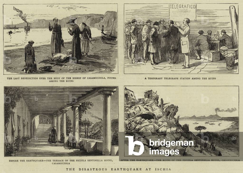 Le tremblement de terre désastreux à Ischia (gravure) par English School, b/w