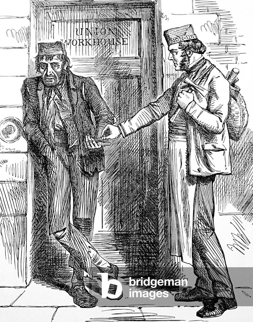 Karikatur mit Darstellung eines Arbeitshaus-Streiks, 1861 (Gravur)