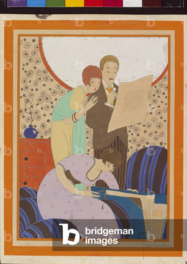 Un uomo e due donne guardano delle stampe, 1920 circa (litografia)