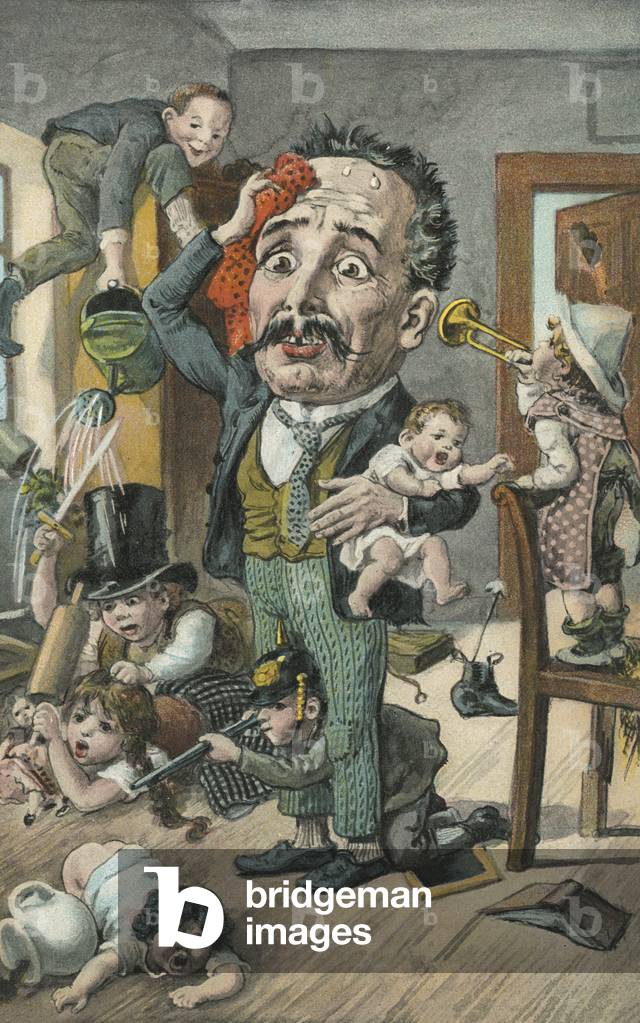 Cura dei bambini: uomo che lotta per far fronte a un grande gruppo di bambini maliziosi (colore lito)