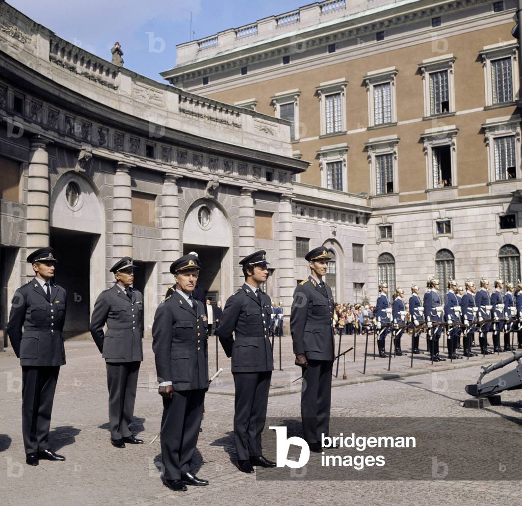 Image of Carl XVI Gustaf, King of Sweden outside the royal palace