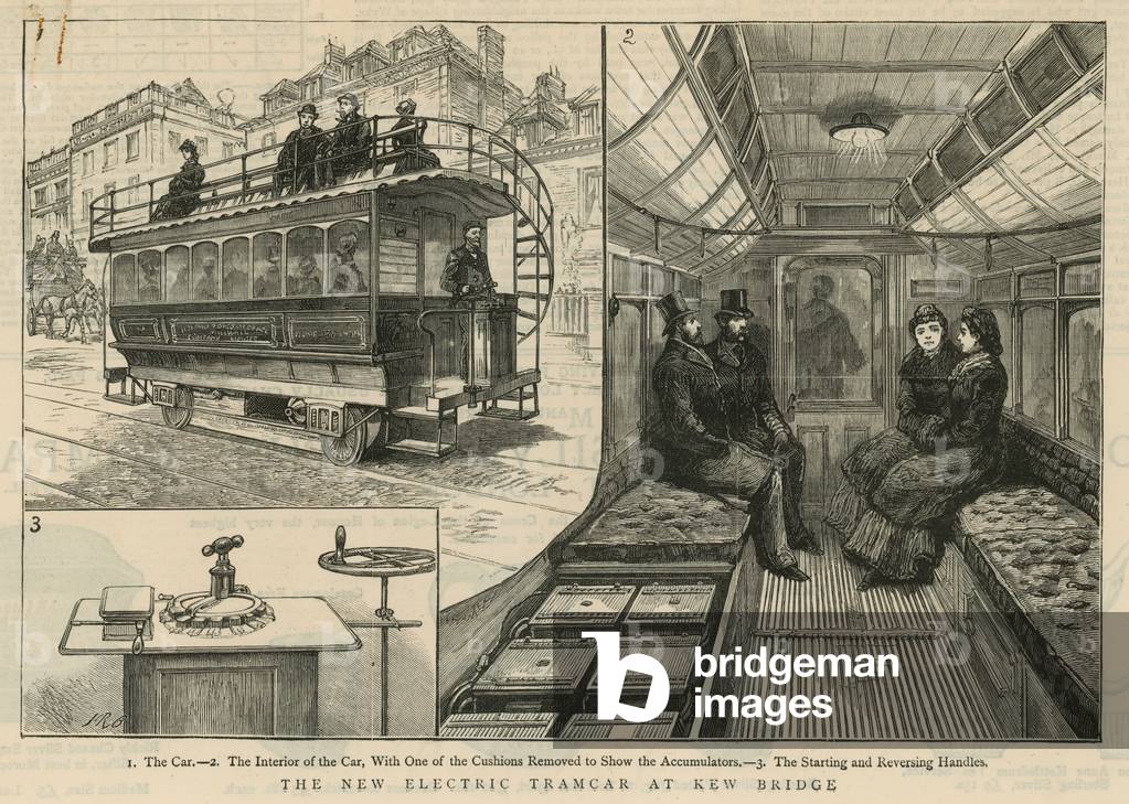 "Die neue elektrische Straßenbahn an der Kew Bridge (Gravur)" von English School, b/w