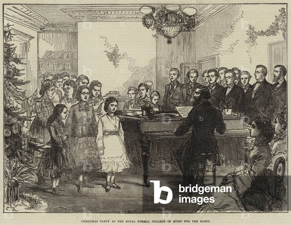 Christmas Party at the Royal Normal College of Music for the Blind (engraving) by English Artist, b/w