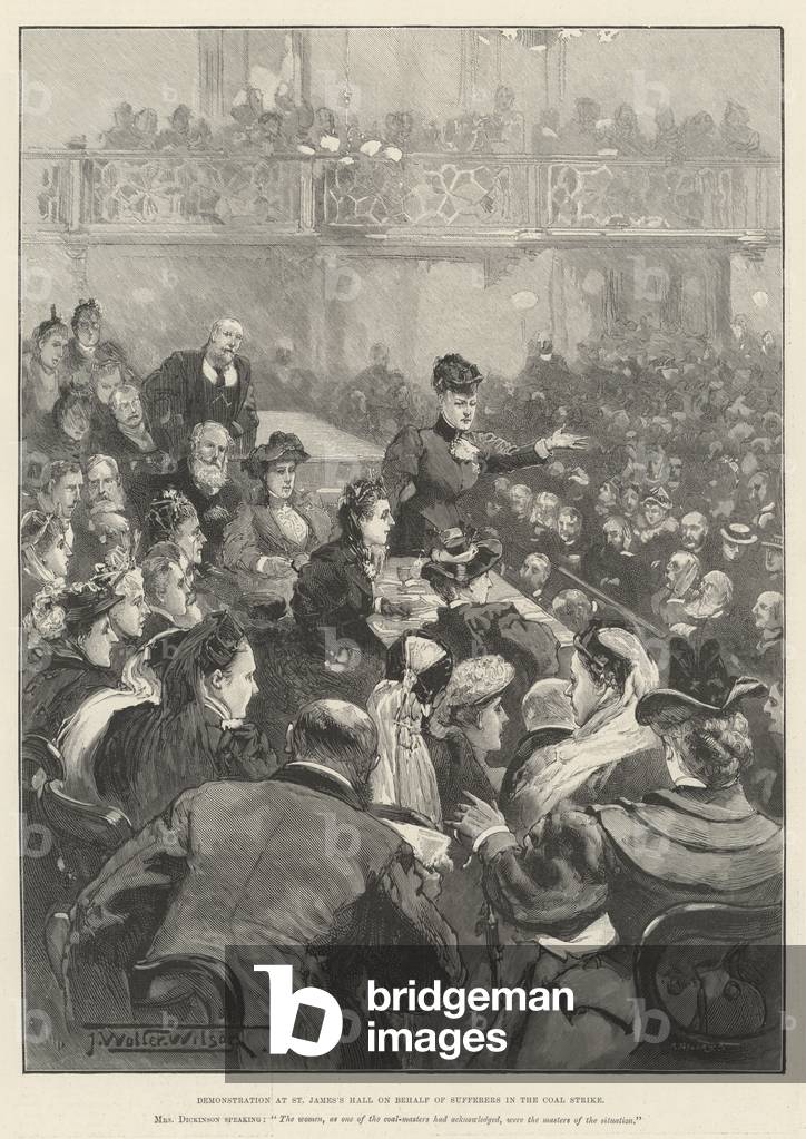 "Demonstration in der St. James's Hall im Auftrag der Betroffenen im Kohlestreik (Gravur)" 1893 von Thomas Wal
