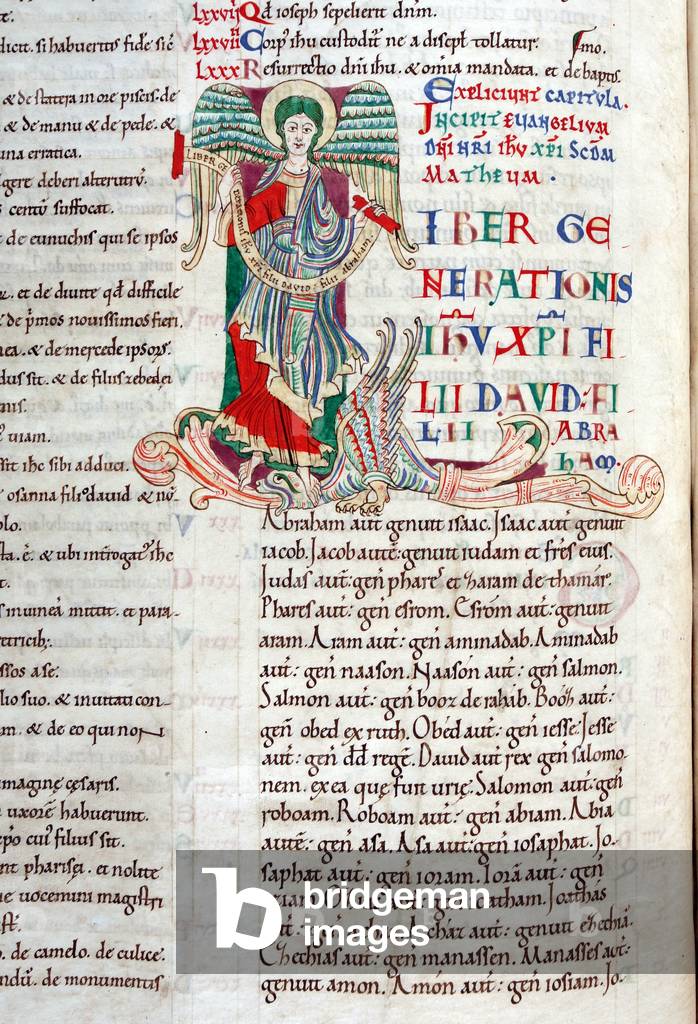 Decorated initial 'L' featuring the winged man symbol of St Matthew, from Matthew's Gospel in the Carilef Bibl
