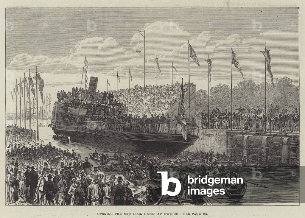 "Eröffnung der neuen Dock Gates in Ipswich (Gravur)" 1881 von English School, b/w