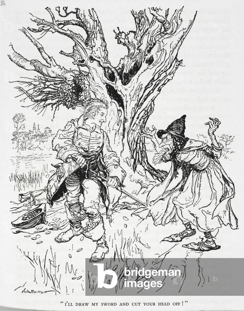 «Tirerò la spada e taglierò la testa», illustrazione da 'The Tinder-Box', di Hans Christian Andersen (lito)