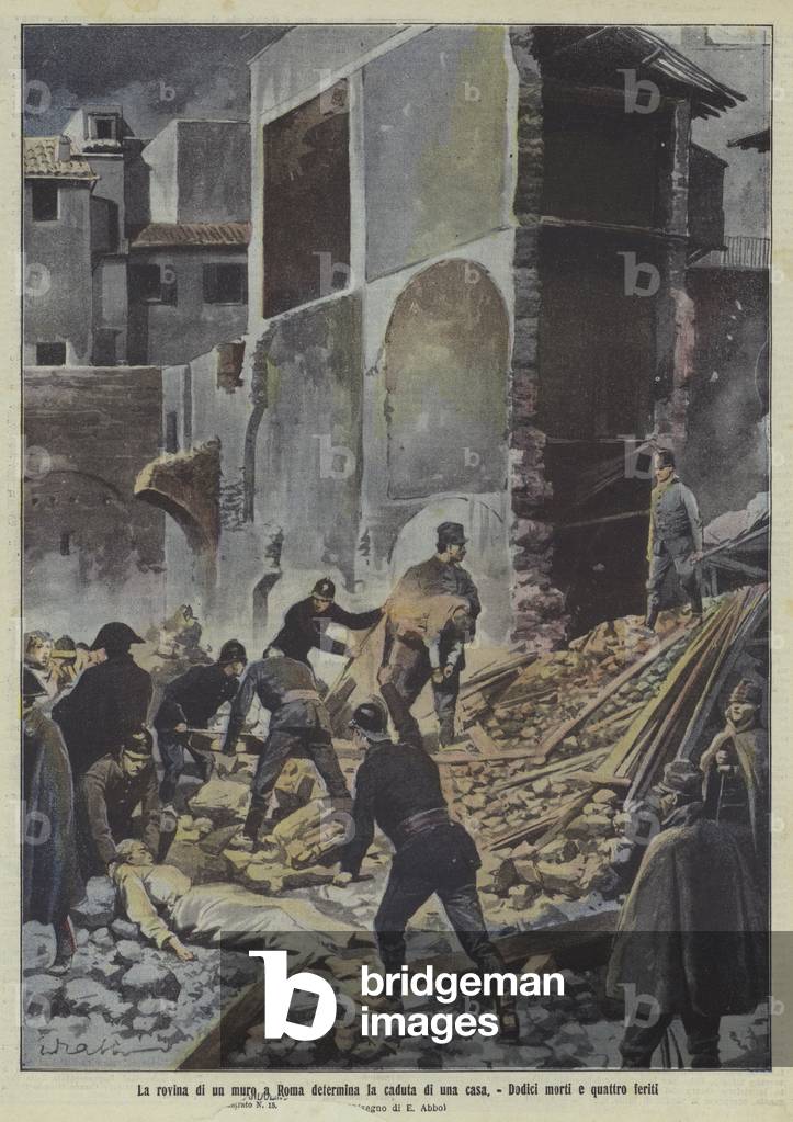 Collapse of a house in Rome (colour litho) by Italian Artist