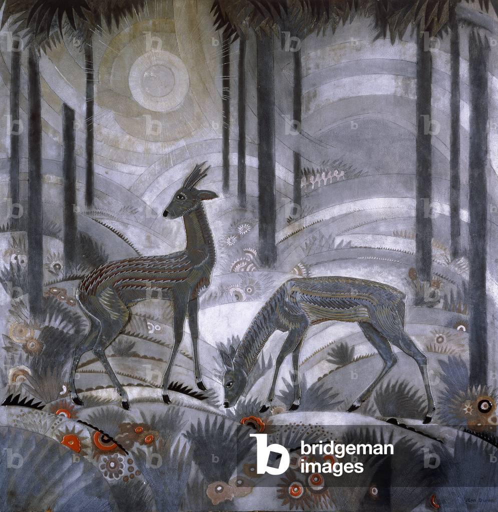 "due cervi in un foresta", c.1929 di Jean Dunand