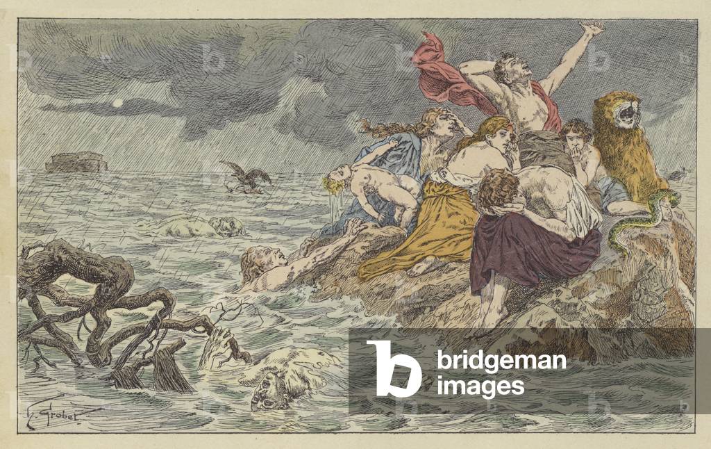 The Flood (colour litho) by French Artist