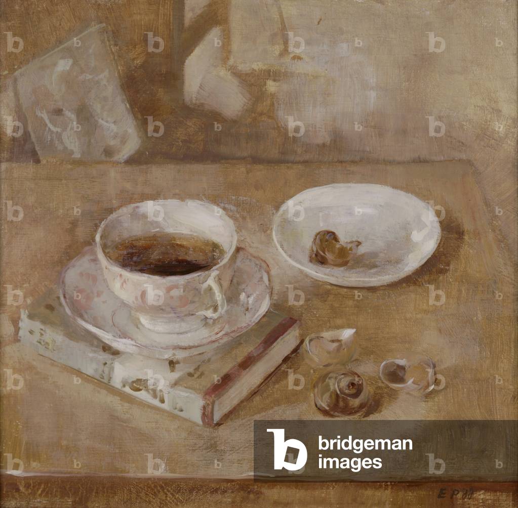 Teetasse auf einem Buch mit Schneckenhäusern, 1988 (Öl auf Tafel)