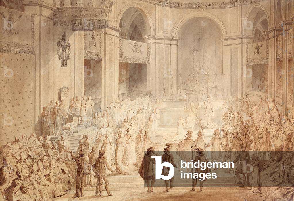 Bild von Zeichnung "Krönung Napoleons I. in Notre Dame" 1804 von Jean-Baptiste Isabey, b/w