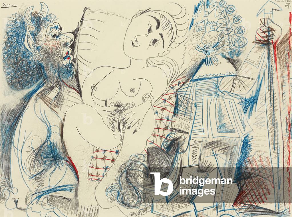 Faun, Female Nude and Musketeer; Faune, femme nu et mousquetaire, 1967 (coloured wax crayons and pencil on pap