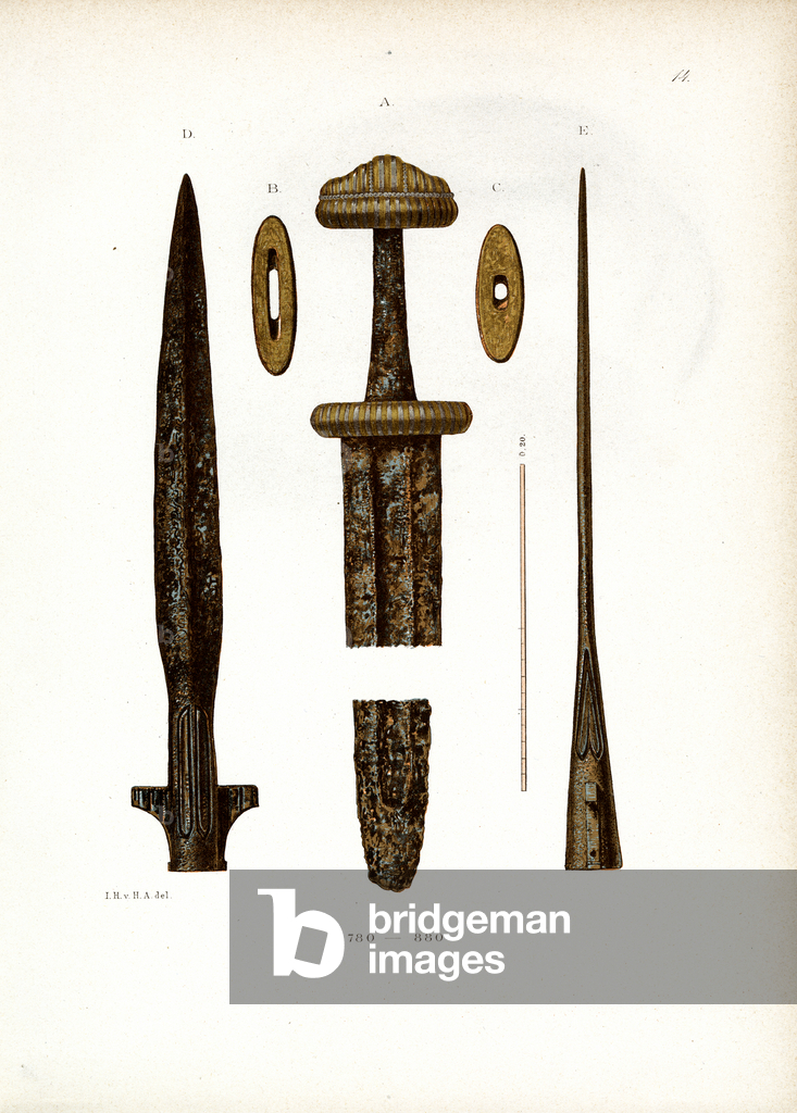 Image of Print depicting Early Medieval Weapons (780-850) (chromolitho) 1880