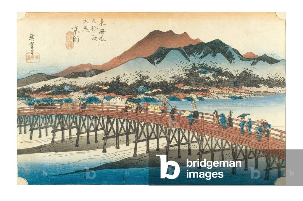 "Kyoto: Die große Sanjo-Brücke aus der Serie Die dreiundfünfzig Stationen des Tokaido" 1831 von Ando or Utagaw