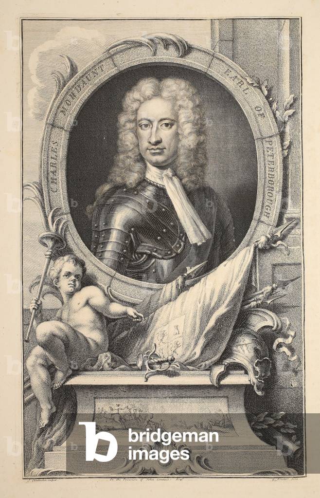 "Ritratto di Charles Mordaunt", 1742 di Jacobus Houbraken, b/w