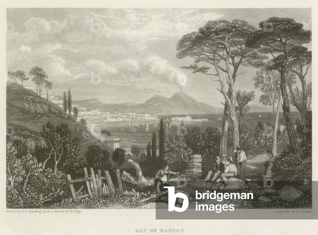 Bay of Naples (engraving) by James Duffield Harding, b/w