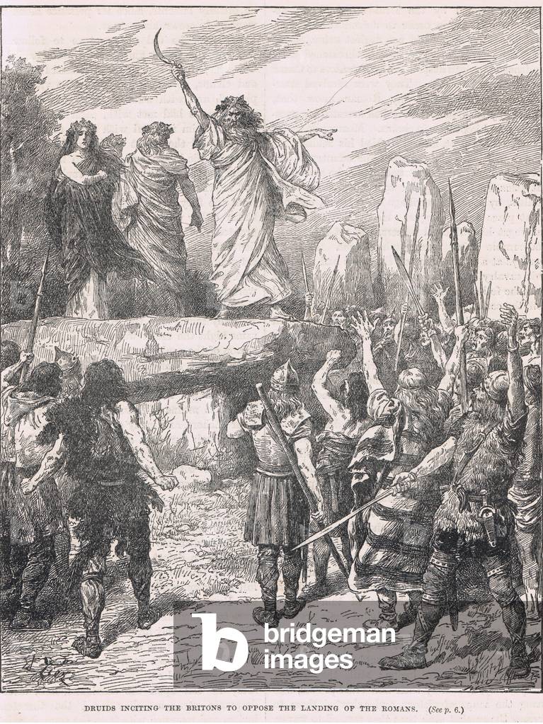 Immagine di Stampa "Druidi che incitano i britannici a opporsi allo sbarco dei romani", c.1910 di English Scho