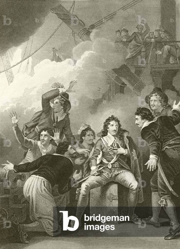 The Earl of Sandwich refusing to quit his vessel while on fire (engraving) by Robert Smirke, b/w