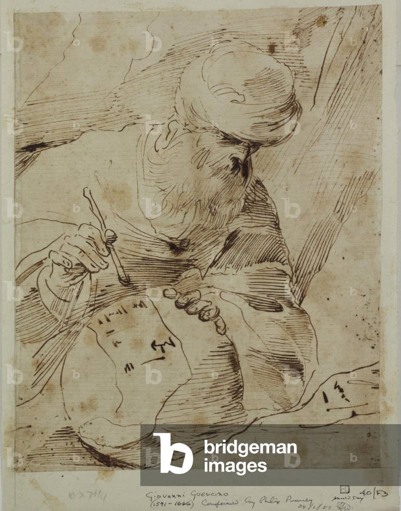 A Philosopher Writing on a Stone, possiblement Diodore Cronus (plume & encre marron sur papier)