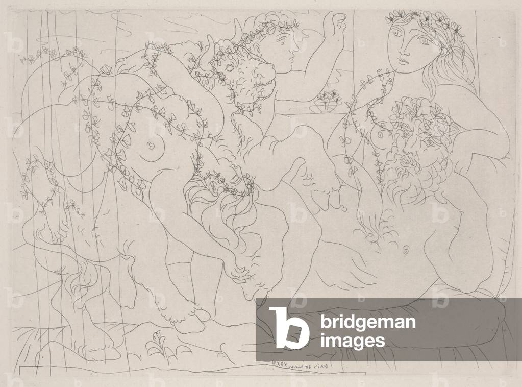 Scultore e modello con scultura di un toro e due baccanti, 30 marzo 1933 (acquaforte)