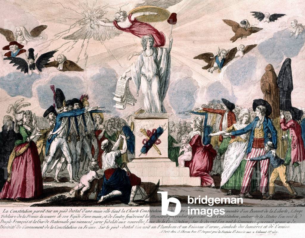 allegoria della Rivoluzione Francese raffigurante la statua della Costituzione circondata da cittadini e solda