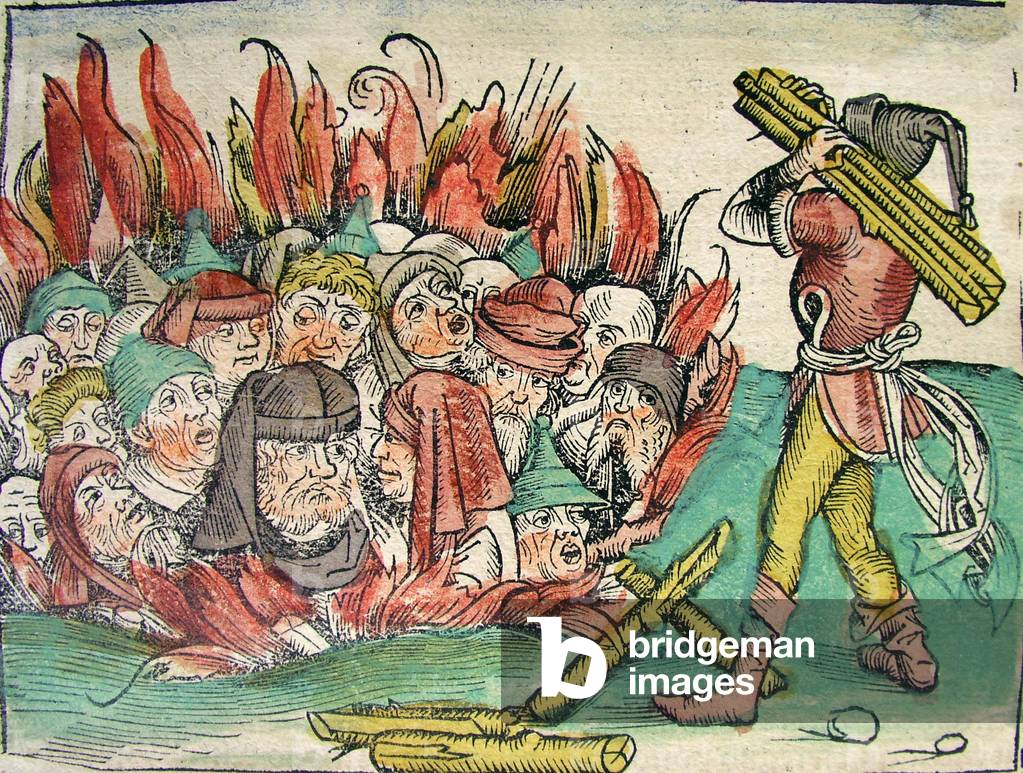 Bruciatura degli ebrei, pubblicato nella cronaca di Norimberga, 1493 (xilografia)