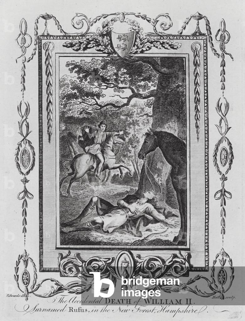 Morte del re Guglielmo II durante la caccia nella New Forest, Hampshire, 1100 (incisione)