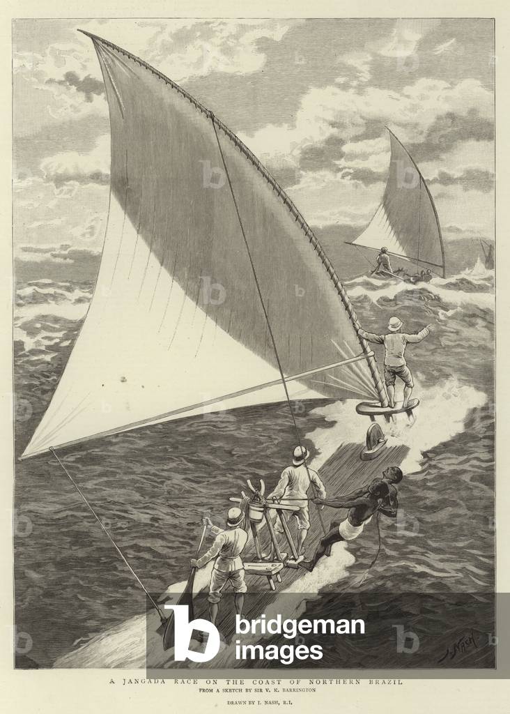 "Una gara di Jangada sulla costa del nord del Brasile (incisione)" di Joseph Nash, b/w
