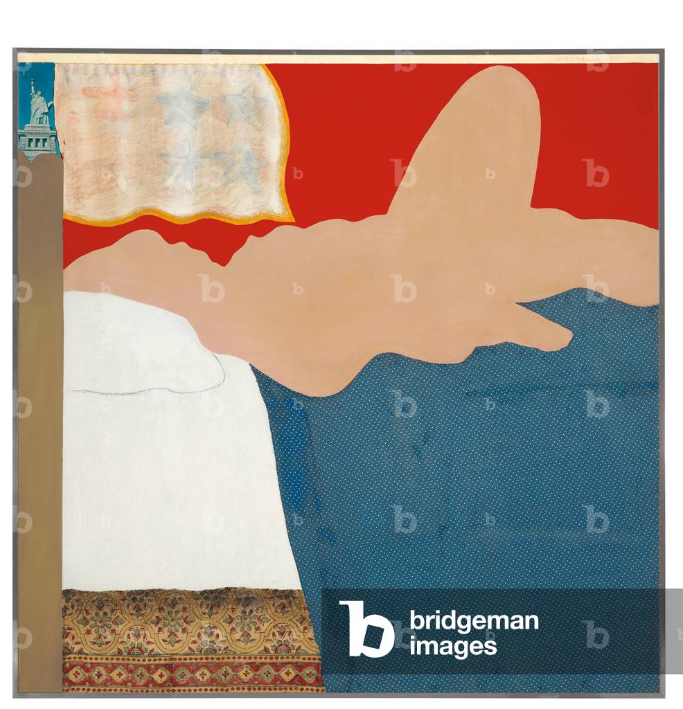 The Great American Nude #13, 1961 (Acryl, Wachsmalstifte, Graphit, bedrucktes Papier & Stoffcollage auf Tafel)